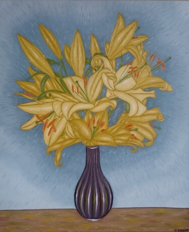 Grand bouquet de lys jaunes au vase violet